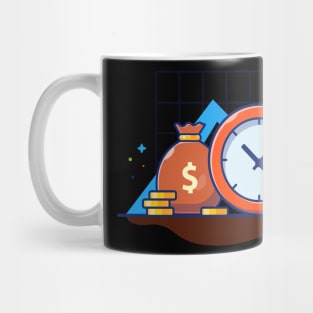 Clock with stack of coin and sack of money cartoon Mug